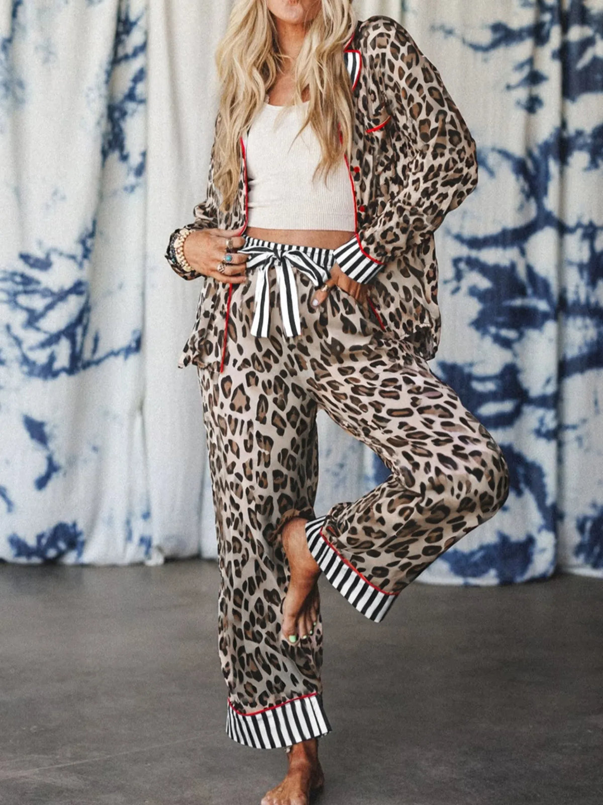 Leopard and Striped Trim Shirt and Pants Set — Livostyle