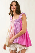 Color Block Top with Frill Shoulder Straps and Smocked Bodice in Blush/Lavender/Pink