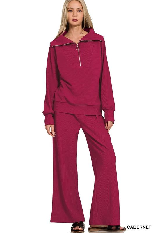Ribbed High Neck Half Zip Pullover & Pants Set — Livostyle