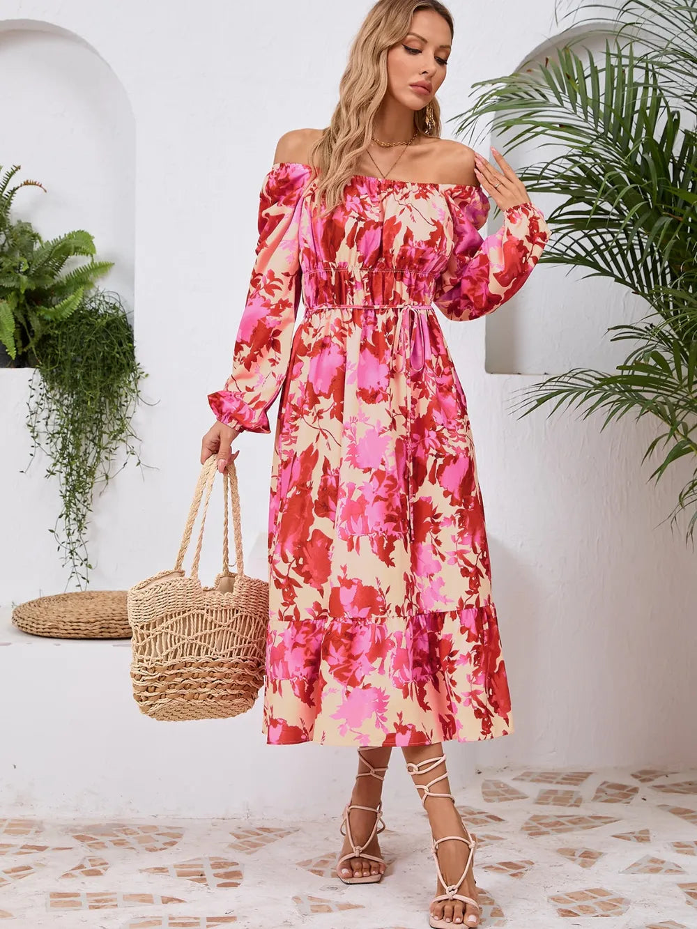 Printed Long Sleeve Midi Dress with Tie Detail – photo 15