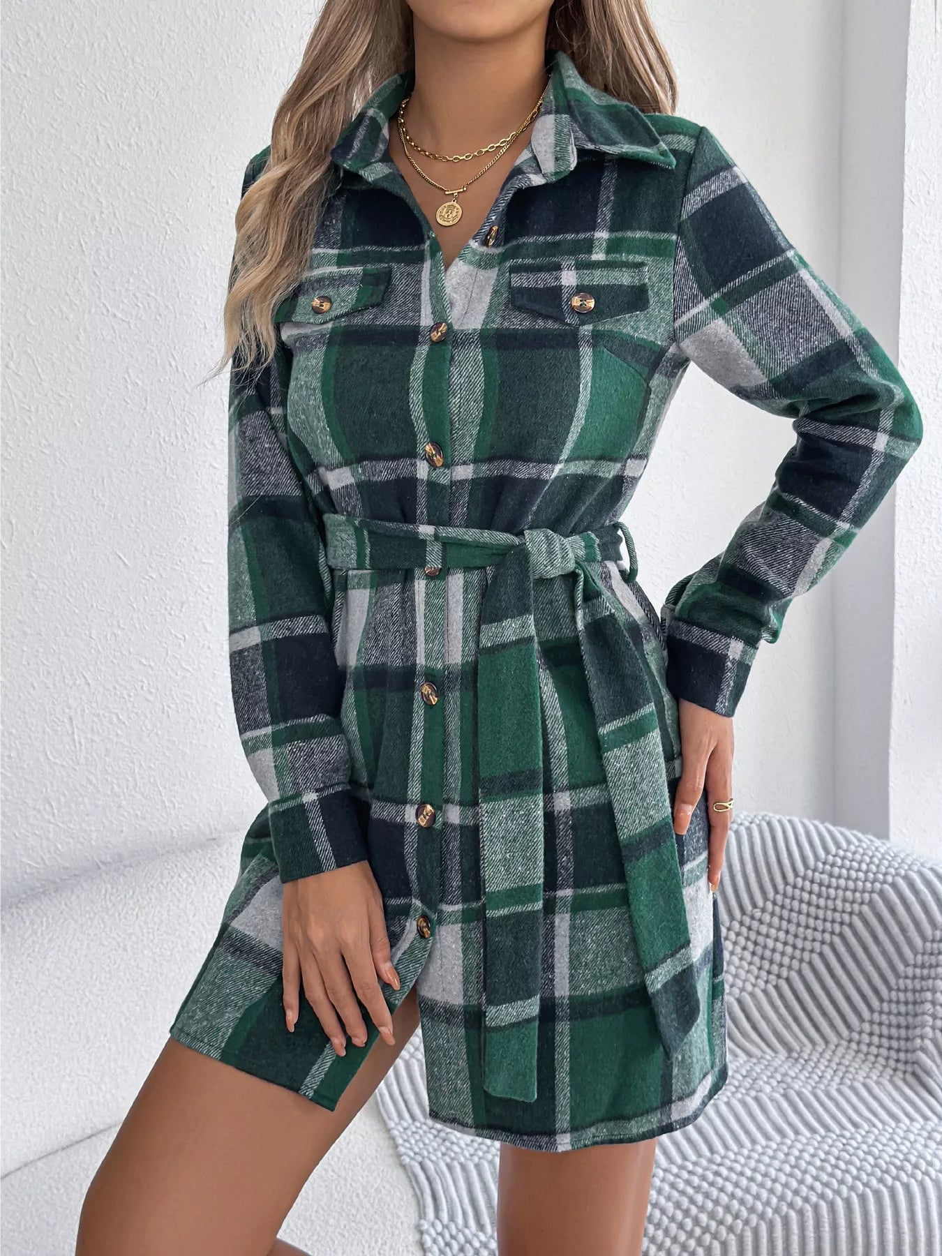 Plaid Button Front Tie Waist Shirt Dress — Livostyle