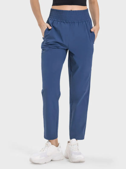 Pocketed High Waist Active Pants in Peacock  Blue