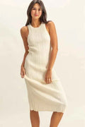 Round Neck Bodycon Ribbed Knit Dress in White