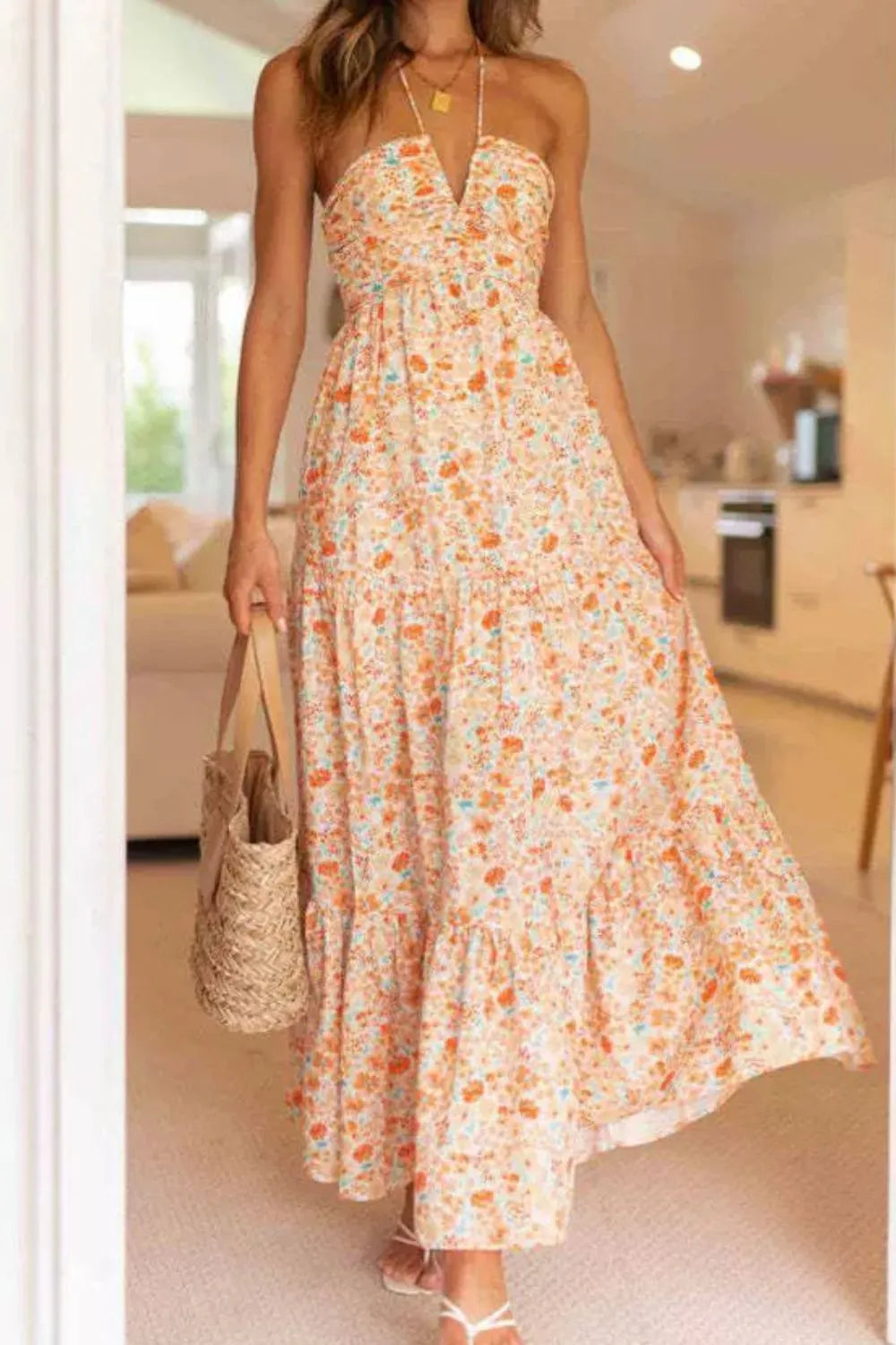 Floral Halter Neck Tiered Maxi Dress in Sherbet