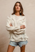 Elegant Pointelle Cable Knit Sweater with Faux Fur Detailing — Livostyle