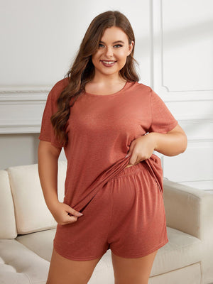 Round Neck Short Sleeve Two-Piece Loungewear Set with Shorts in Rust