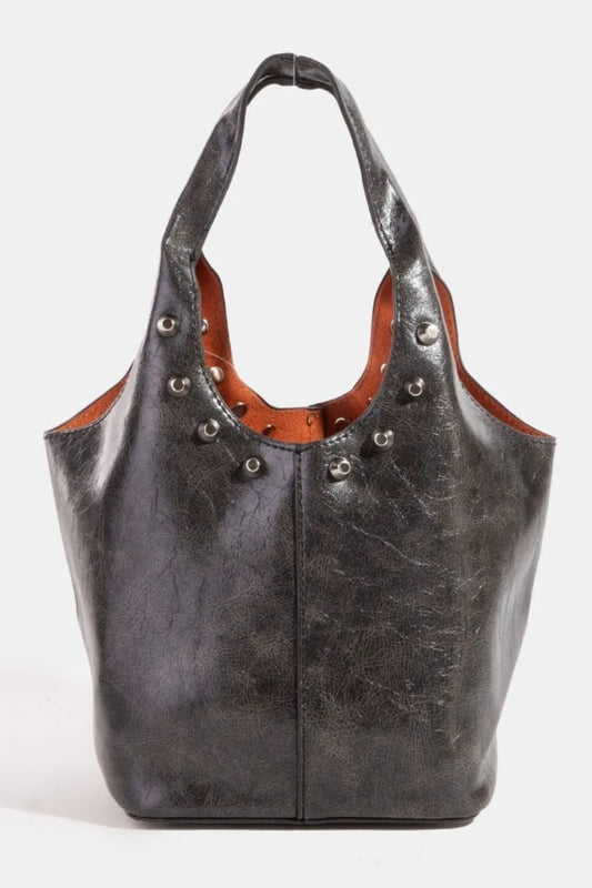 Weathered Faux Leather And Studs Bucket Bag — Livostyle