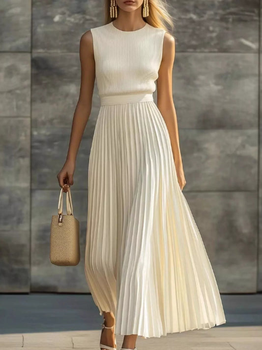 Sleeveless Ribbed Pleated Maxi Dress in Beige