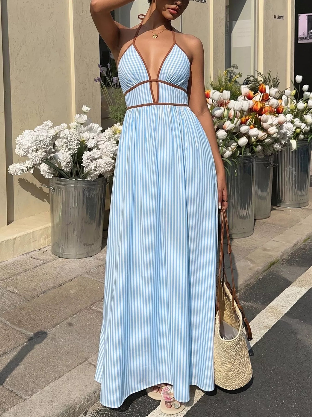 Striped Halter Neck Smocked Maxi Dress