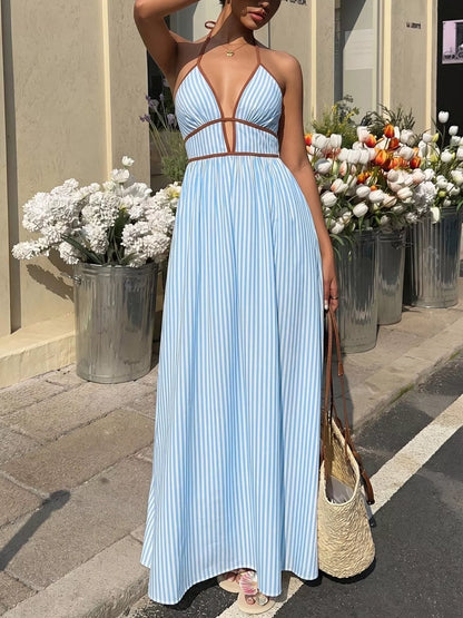 Striped Halter Neck Smocked Maxi Dress