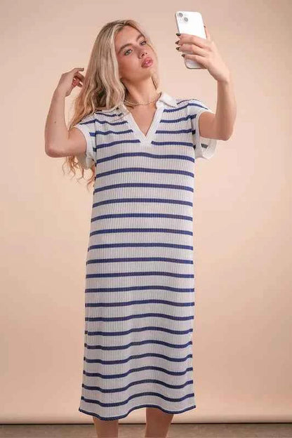 Oversized Collared Striped Knit Midi Dress — Livostyle