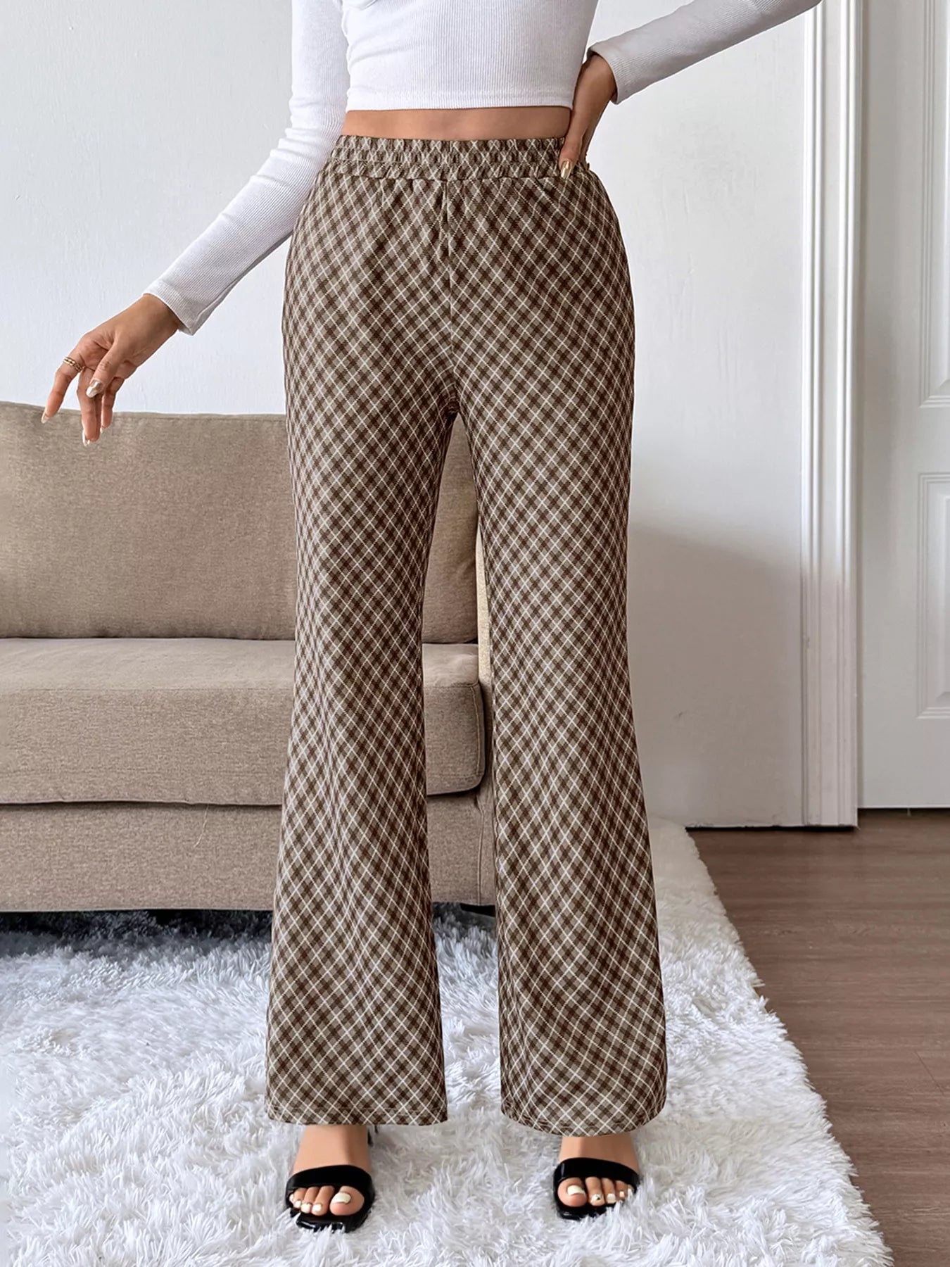 Plaid High-Waisted Wide Leg Pants back view — Livostyle