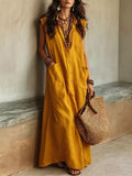 Sleeveless Button-Down Maxi Dress with Pockets in Gold
