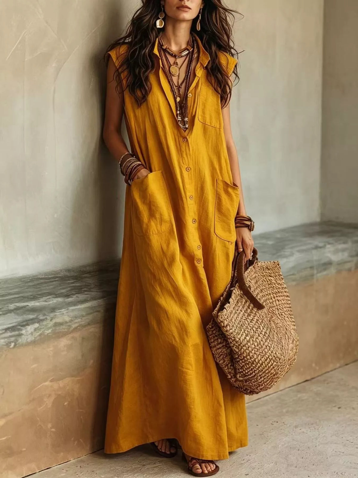 Sleeveless Button-Down Maxi Dress with Pockets in Gold