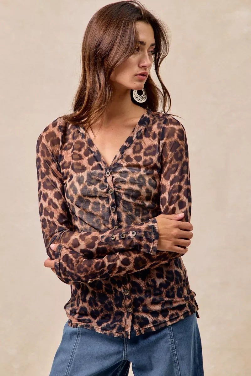 Leopard Printed Mesh Shirt With Button Up V Neck – photo 4