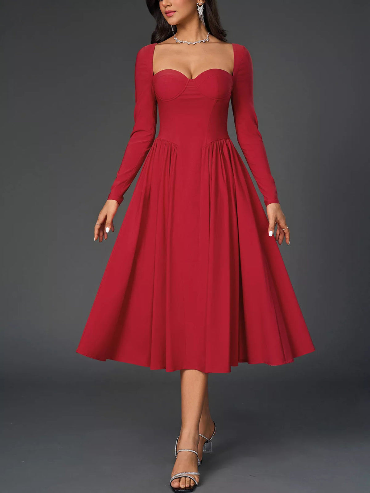 Sweetheart Neckline Long Sleeve A-Line Midi Dress – photo 4