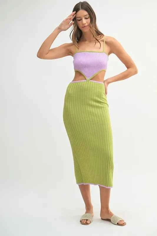 MABLE Ribbed Knit Color Block Cutout Midi Dress