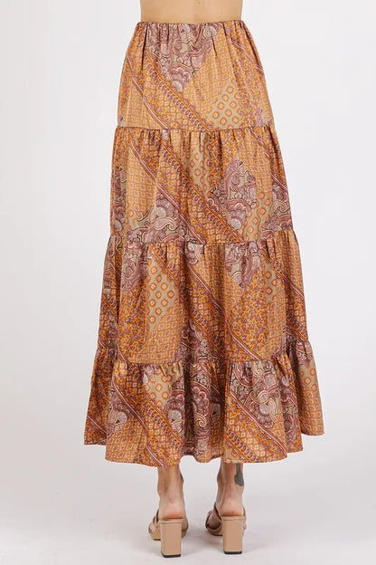 Paisley Patchwork Print Satin Maxi Skirt back view — Livostyle