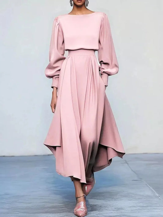 Pleated Lantern Sleeve Midi Dress in Blush Pink