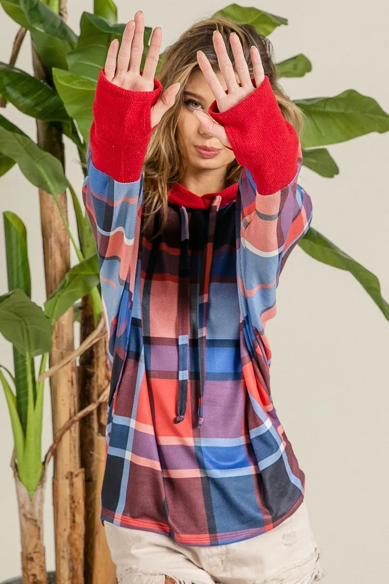 Plaid Mirr Brushed Rib Contrast Thumb Open Hoodie styling — Livostyle