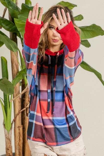Plaid Mirr Brushed Rib Contrast Thumb Open Hoodie styling — Livostyle