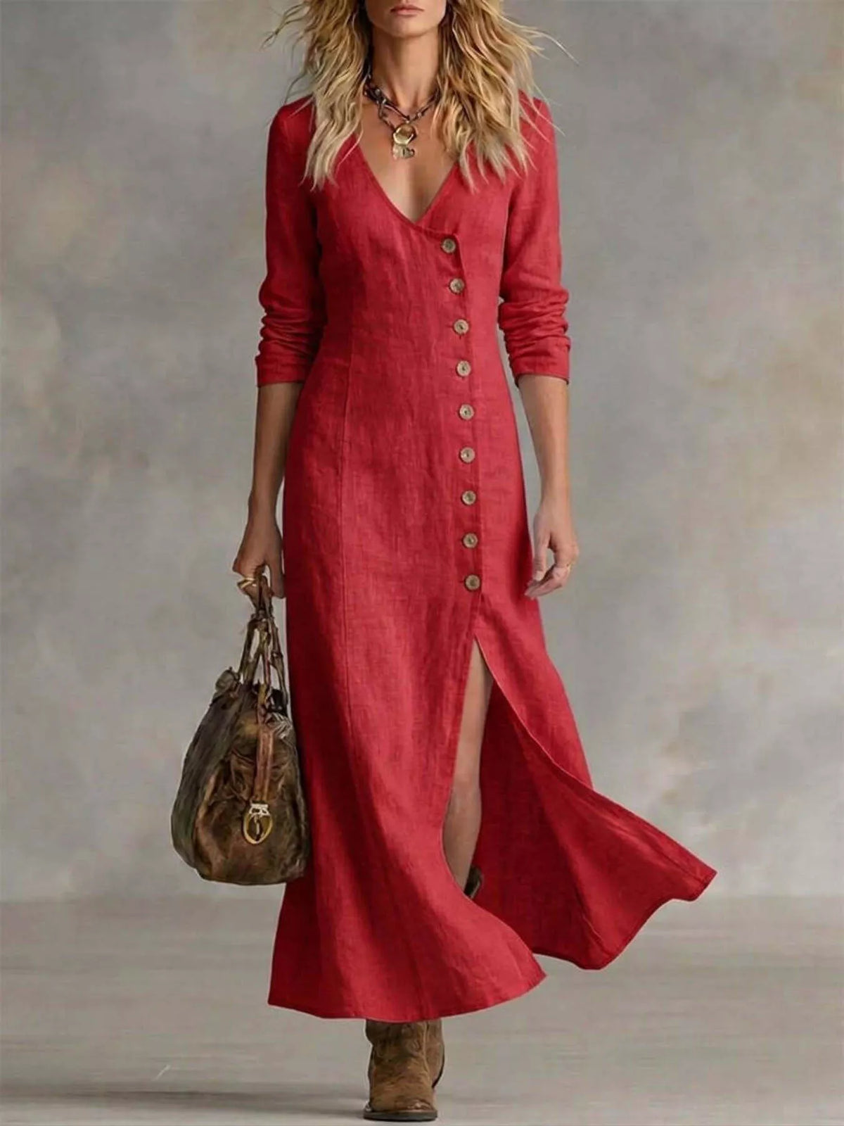 Slit Button-Down Midi Dress in Red