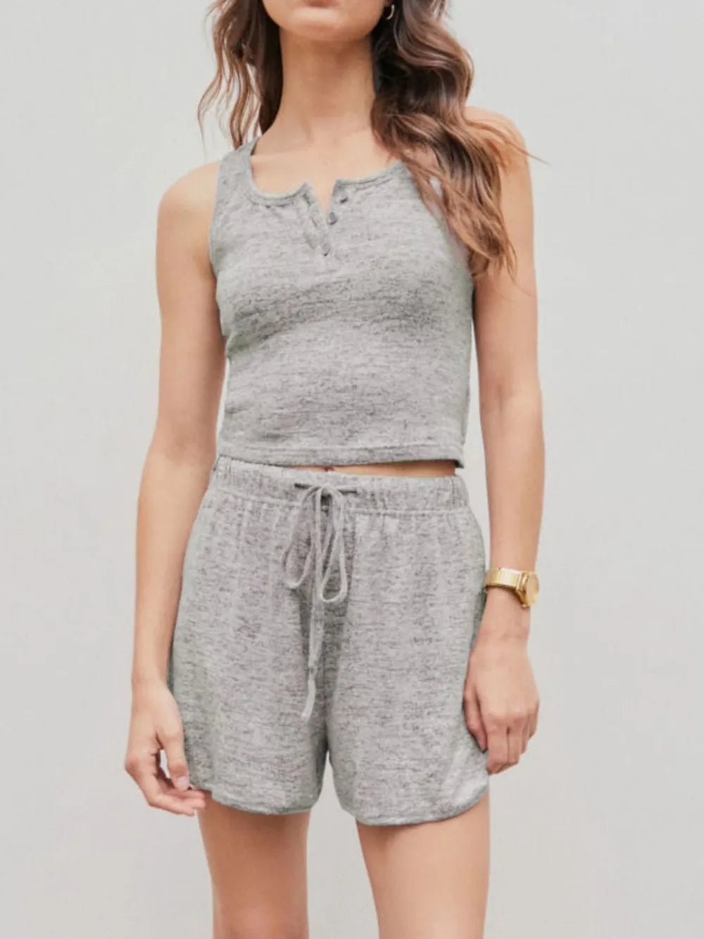 Quarter Button Sleeveless Top and Drawstring Shorts Lounge Set — Livostyle