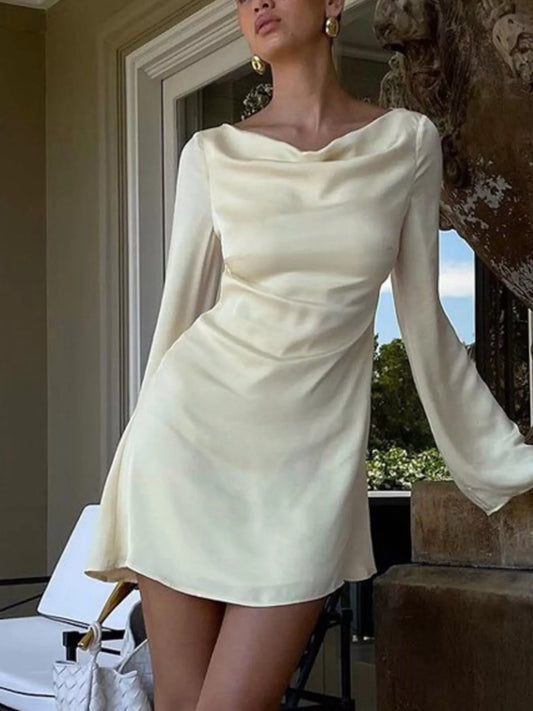 Backless Long Sleeve Mini Dress with Tie Detail in Beige