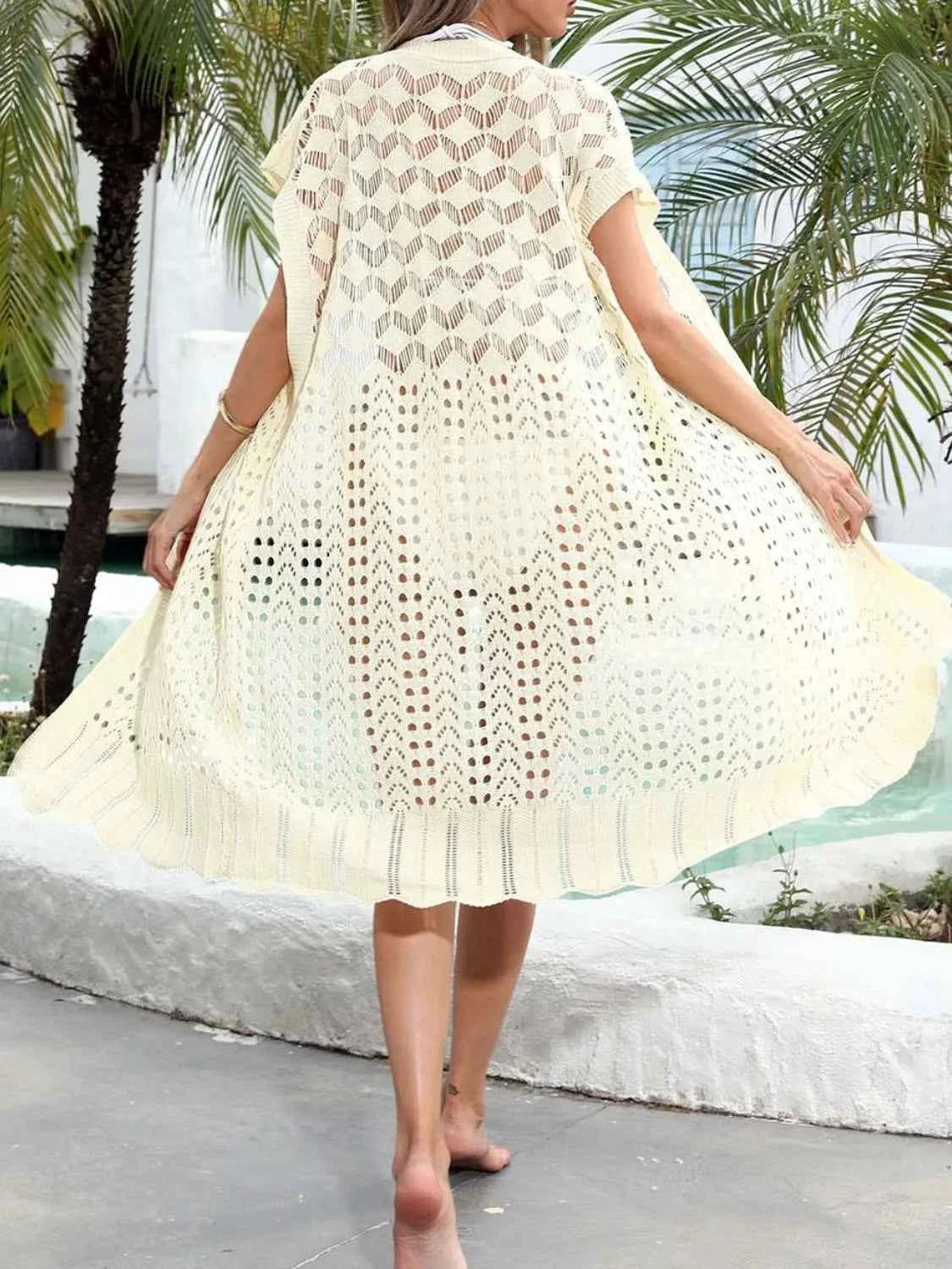 Open Front Short Sleeve Openwork Cover-Up