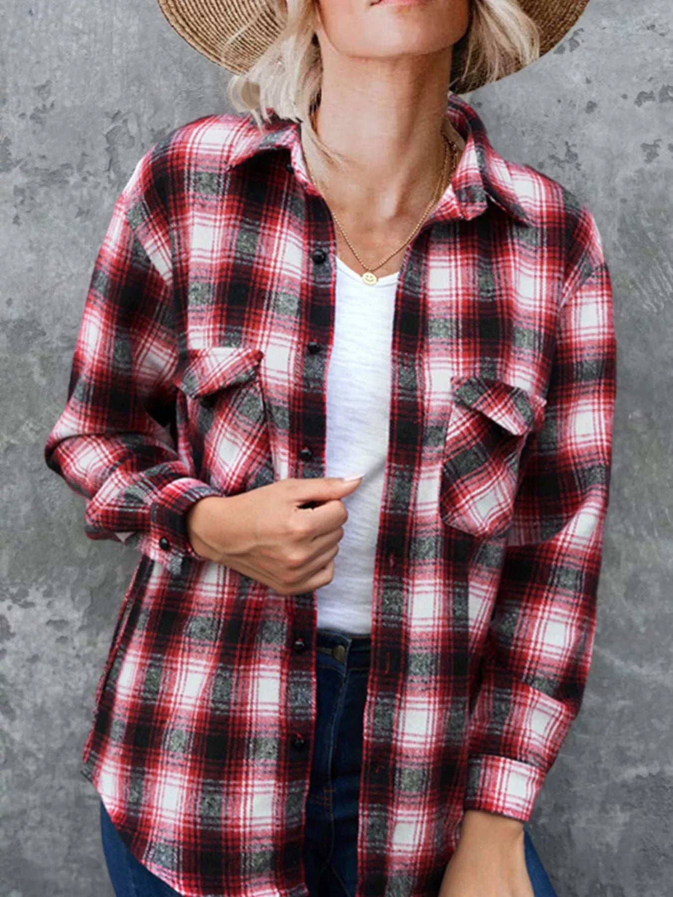Full Size Plaid Button-Up Long Sleeve Shirt Plus Size closeup — Livostyle