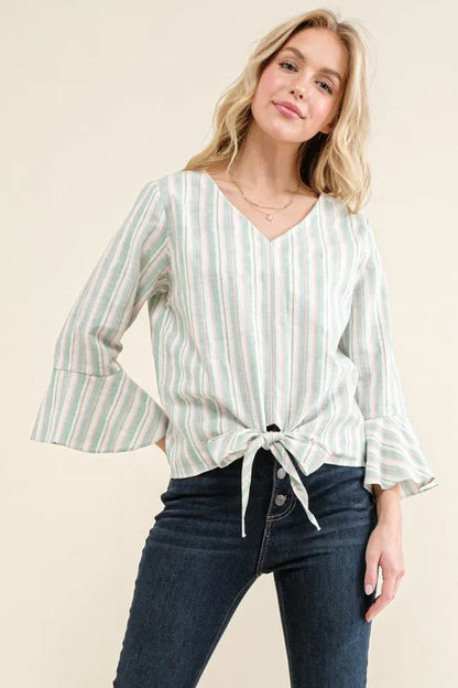 Chic Striped Bell Sleeve Top with Tie Knot Front Detail — Livostyle