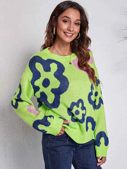 Flower Pattern Round Neck Long Sleeve Sweater — Livostyle