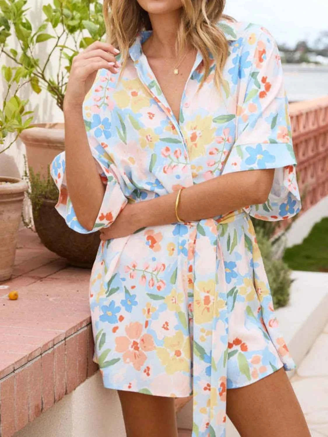 Printed Half Sleeve Tie Waist Romper