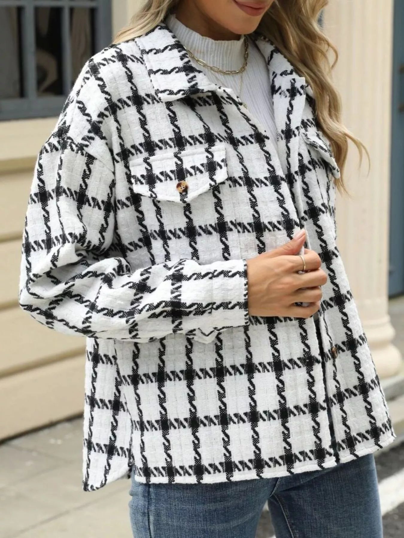 Plaid Button Up Long Sleeve Jacket back view — Livostyle
