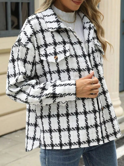 Plaid Button Up Long Sleeve Jacket back view — Livostyle