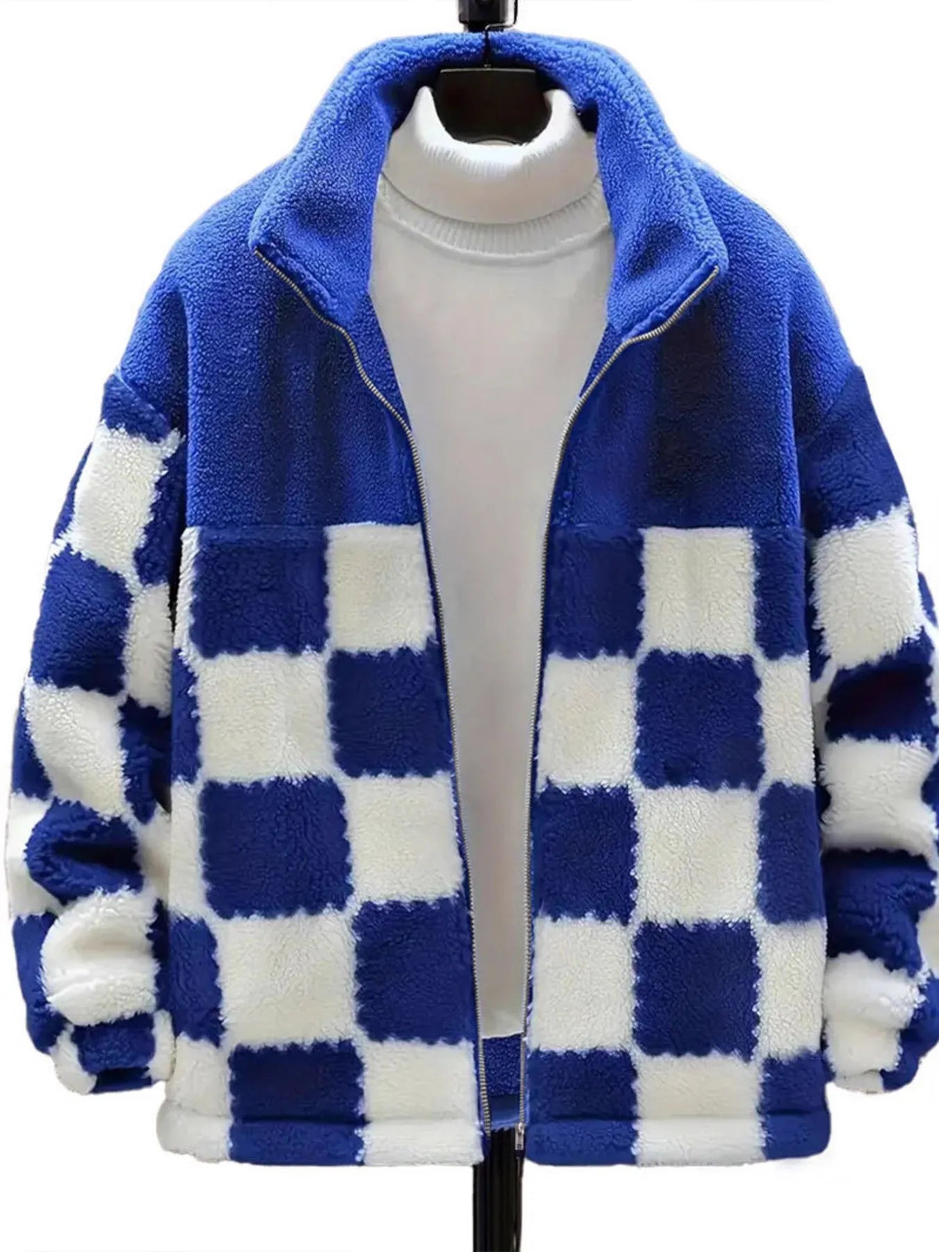 Checkered Fleece Oversized Zip Up Jacket detail — Livostyle