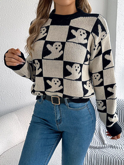 Halloween Ghost Pattern Checkered Round Neck Sweater closeup — Livostyle