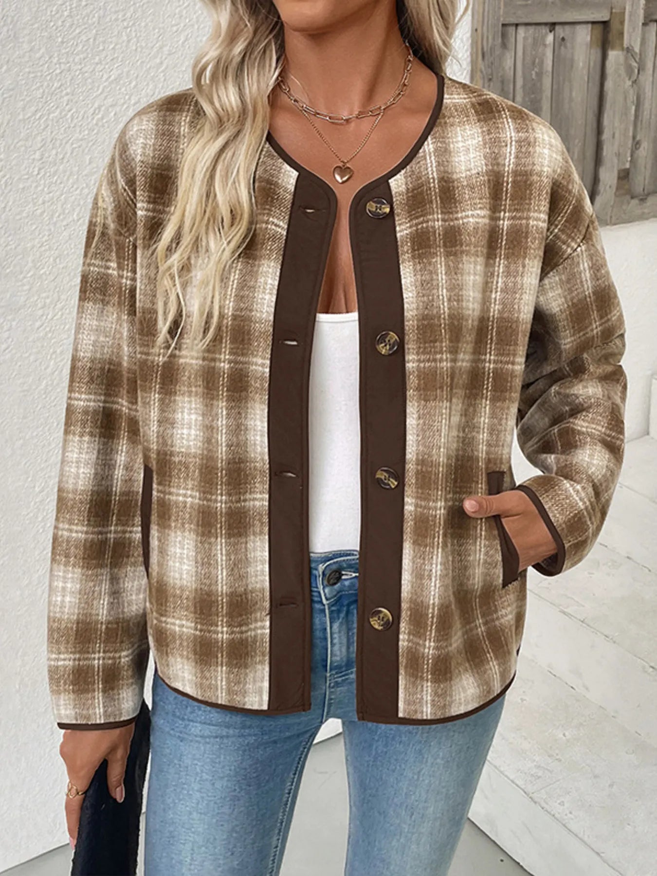 Plaid Long Sleeve Button-Up Jacket detail — Livostyle