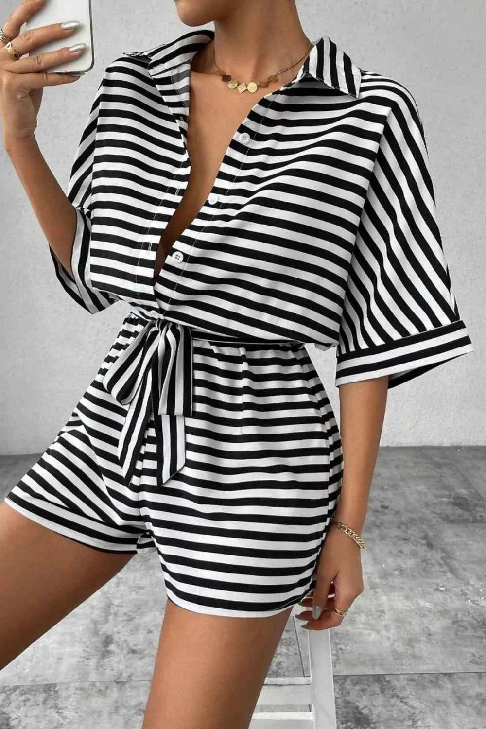 Striped Collared Neck Tie Waist Romper