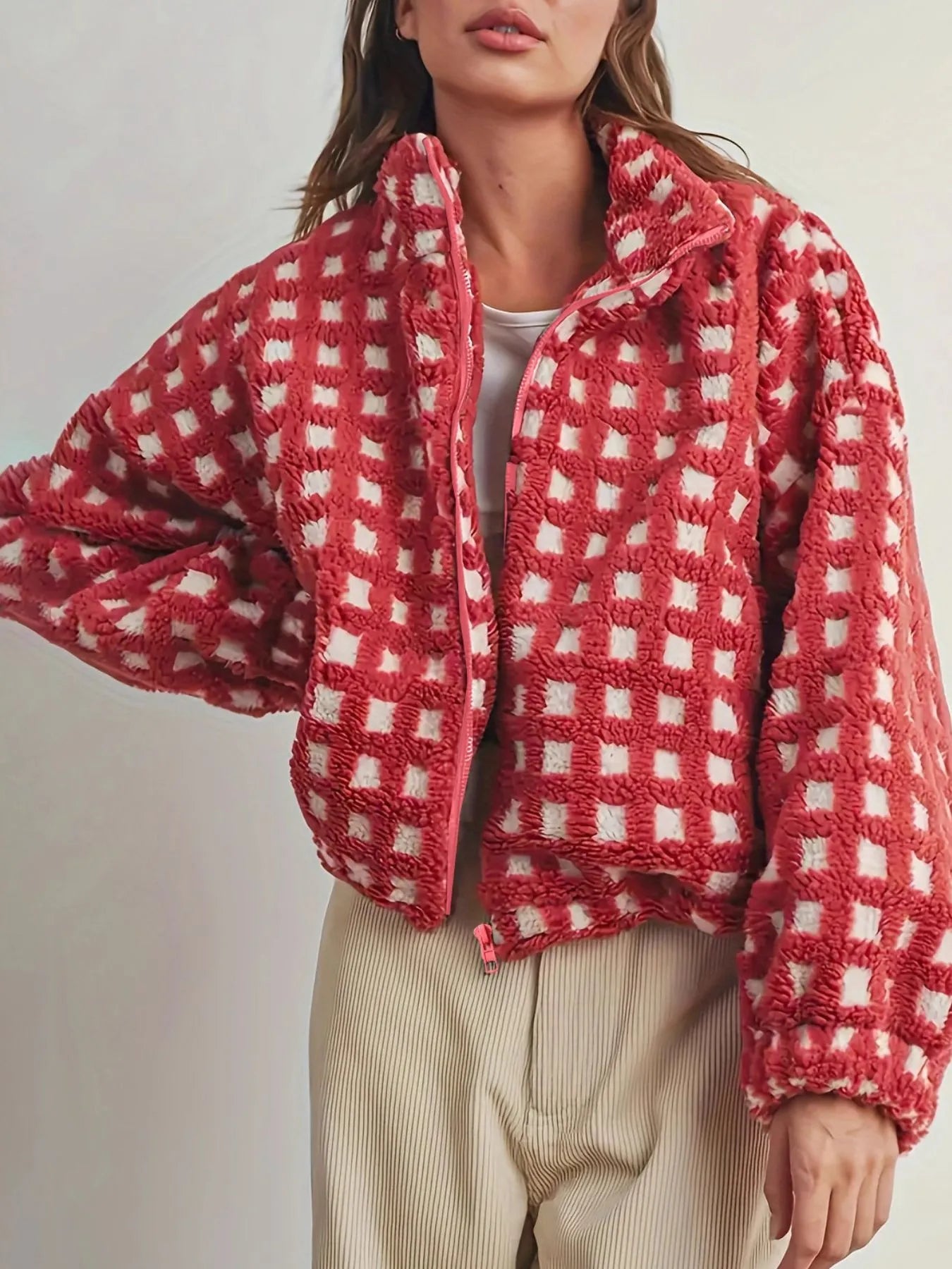 Fleece Checkered Puff Sleeve Bomber Jacket back view — Livostyle
