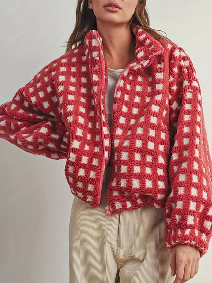 Fleece Checkered Puff Sleeve Bomber Jacket back view — Livostyle