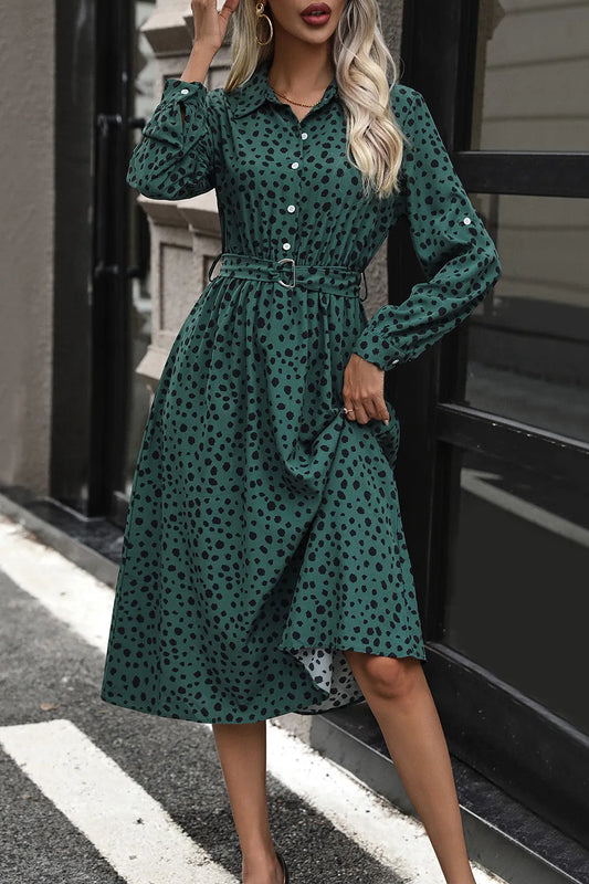 Printed Belted Long Sleeve Midi Dress with Buttons in Dark Green