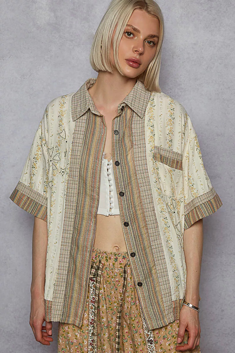 Printed Button Down Patchwork Short Sleeve Shirt — Livostyle
