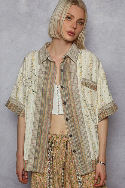 Printed Button Down Patchwork Short Sleeve Shirt — Livostyle
