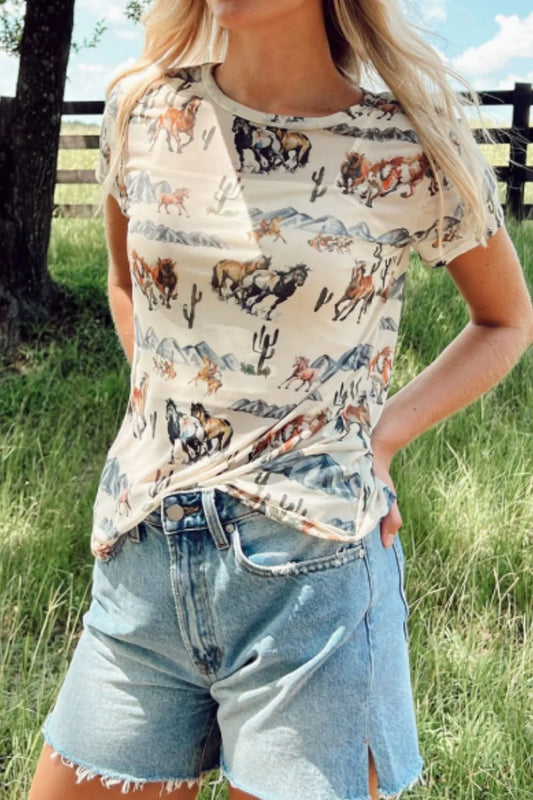 Western Fashion Mustang River Printed Mesh T Shirt — Livostyle
