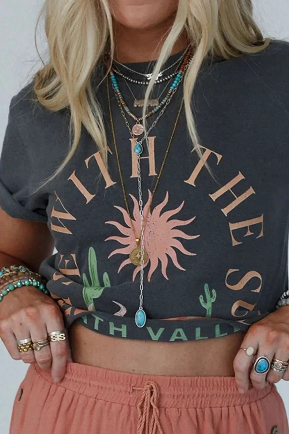 RISE WITH THE SUN Graphic Round Neck Short Sleeve T-Shirt closeup — Livostyle