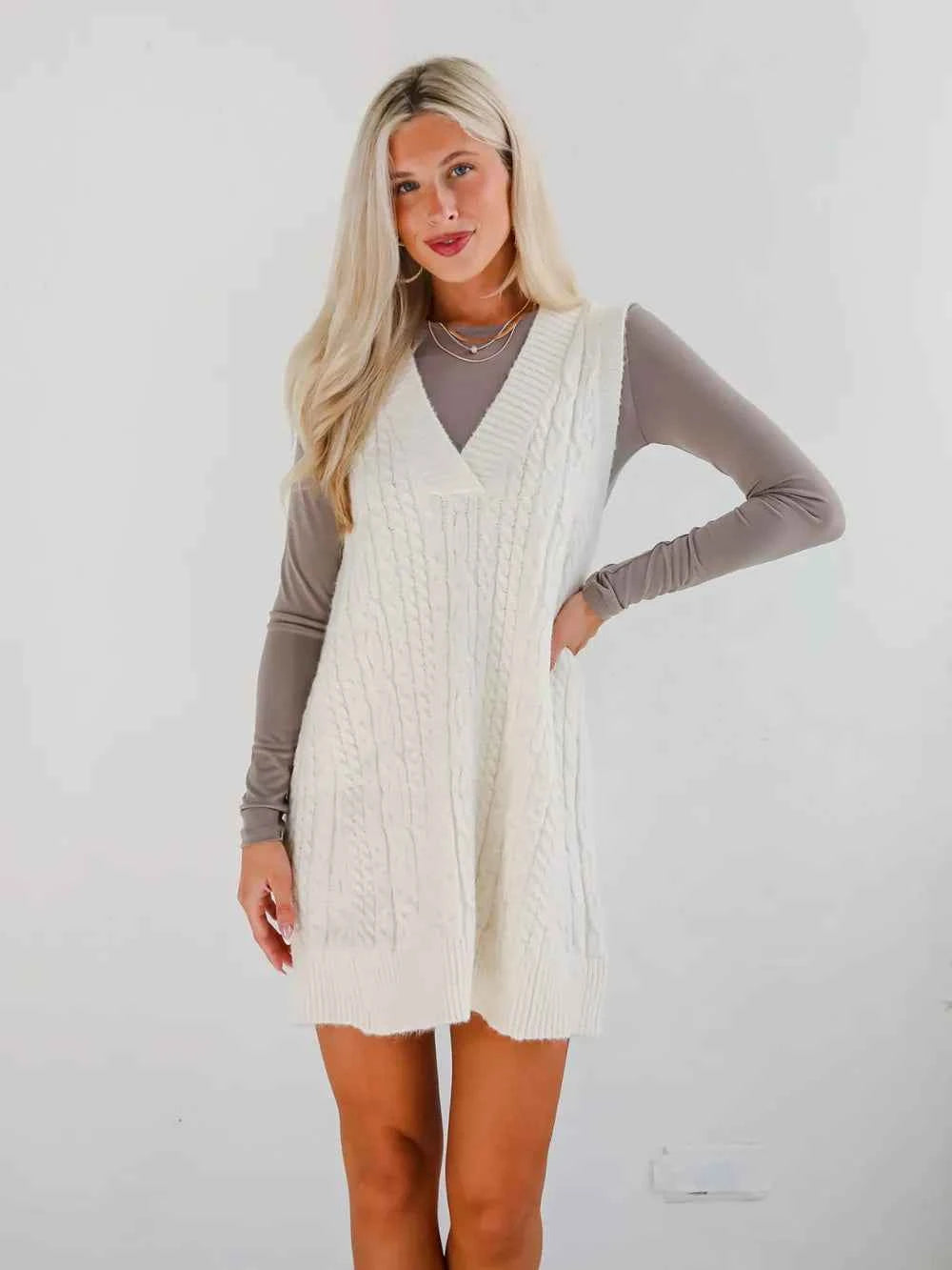 Lovelet Cable Knit V-Neck Mini Sweater Overall Dress
