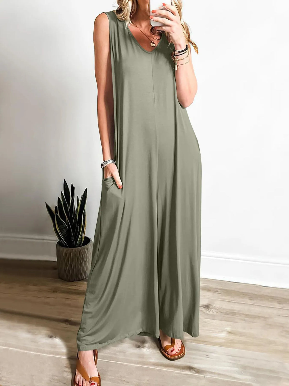 Sleeveless V-Neck Jumpsuit with Pockets in Light Green