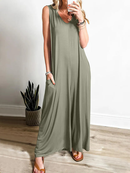 Sleeveless V-Neck Jumpsuit with Pockets in Light Green