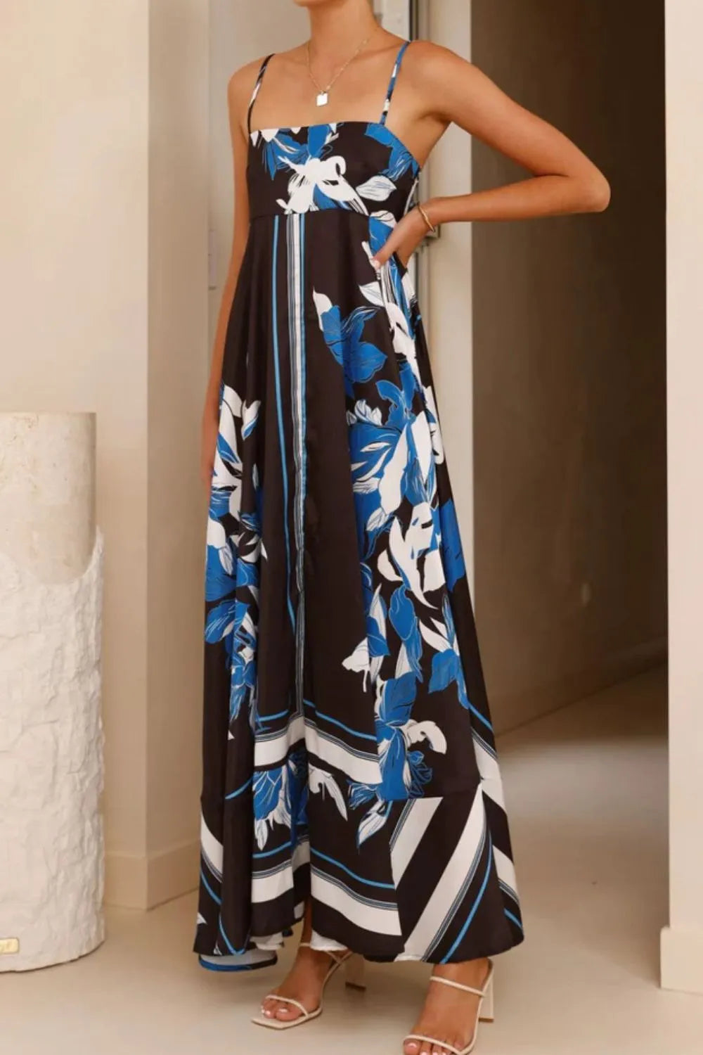 Printed Square Neck Cami Maxi Dress with Slit and Tie – photo 2